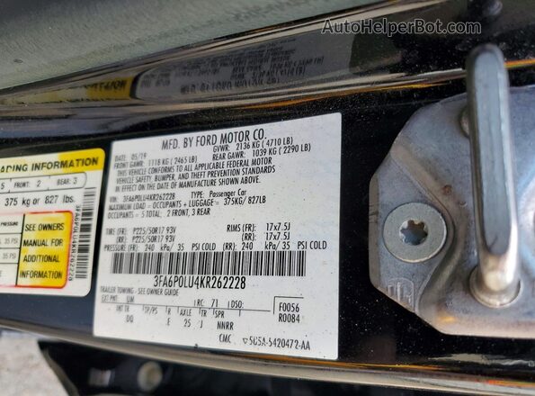 3FA6P0LU4KR262228 2019 FORD FUSION Black Vista de la etiqueta del VIN