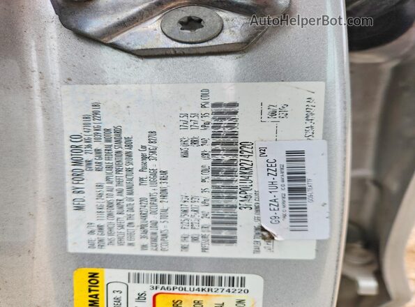 3FA6P0LU4KR274220 2019 FORD FUSION Silver 