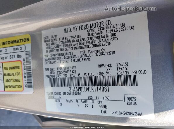 3FA6P0LU4LR114081 2020 FORD FUSION Silver ძრავის განყოფილების ხედი