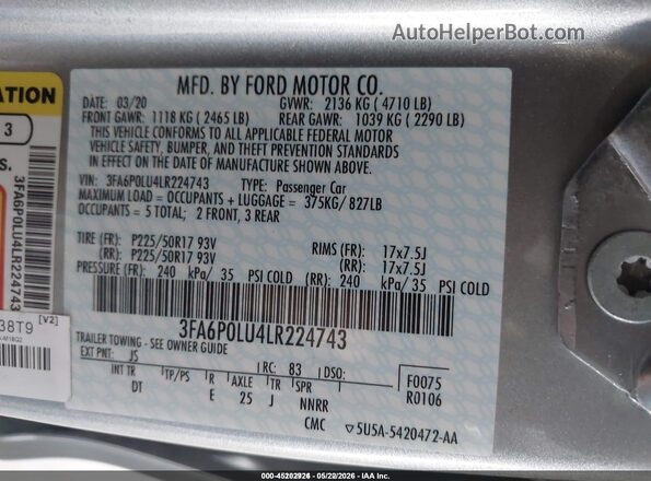3FA6P0LU4LR224743 2020 FORD FUSION Silver Engine compartment view