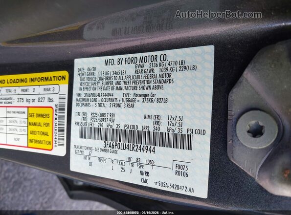 3FA6P0LU4LR244944 2020 FORD FUSION Gray ძრავის განყოფილების ხედი