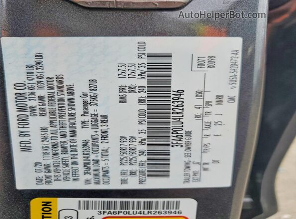 3FA6P0LU4LR263946 2020 FORD FUSION Gray VIN sticker view