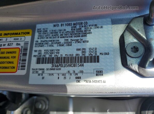 3FA6P0LU5HR381544 2017 FORD FUSION Silver VIN կոդի պիտակի տեսք