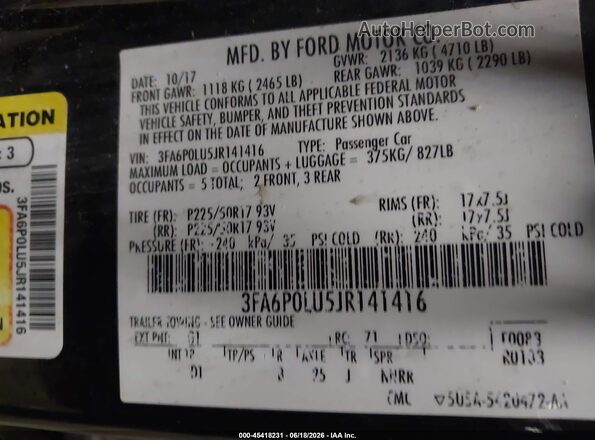 3FA6P0LU5JR141416 2018 FORD FUSION HYBRID Black 