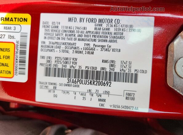 3FA6P0LU5KR200692 2019 FORD FUSION Red Շարժիչի բաժամունքի տեսք
