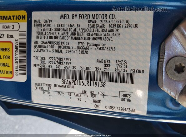 3FA6P0LU5LR119158 2020 FORD FUSION Blue Vista del compartimento del motor