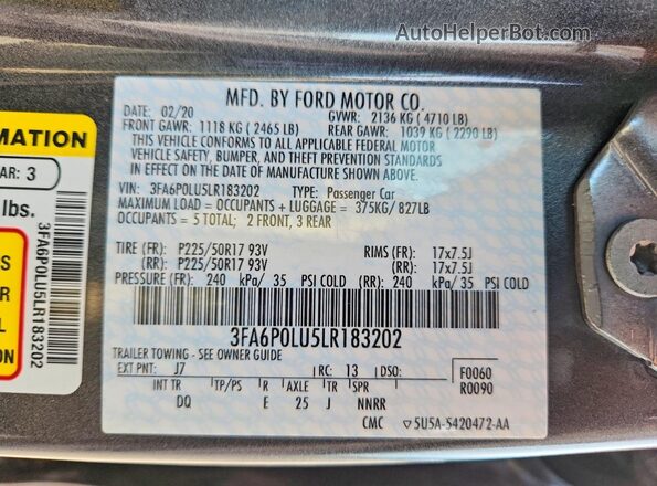 3FA6P0LU5LR183202 2020 FORD FUSION Gray 