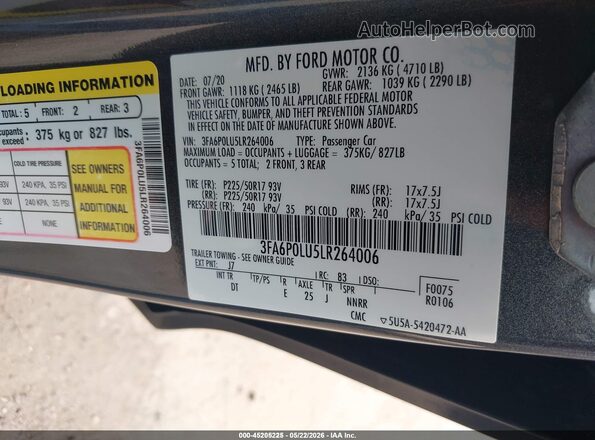 3FA6P0LU5LR264006 2020 FORD FUSION Gray Вид підкапотного простору
