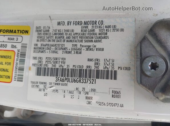 3FA6P0LU6GR337521 2016 FORD FUSION HYBRID White Vista del compartimento del motor