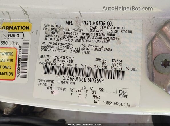 3FA6P0LU6GR403694 2016 FORD FUSION HYBRID White ძრავის განყოფილების ხედი