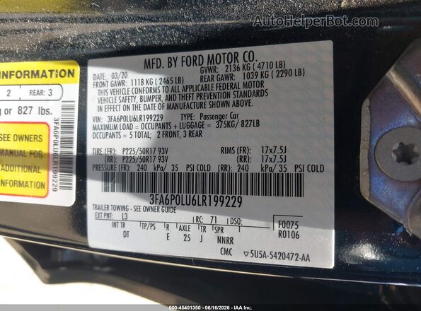 3FA6P0LU6LR199229 2020 FORD FUSION Dark Blue Շարժիչի բաժամունքի տեսք