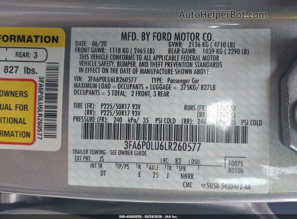 3FA6P0LU6LR260577 2020 FORD FUSION Silver ძრავის განყოფილების ხედი