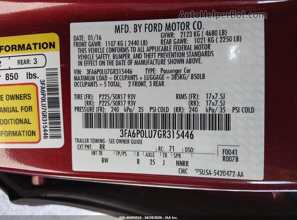 3FA6P0LU7GR315446 2016 FORD FUSION HYBRID Burgundy Widok komory silnika