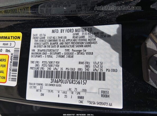 3FA6P0LU7GR356157 2016 FORD FUSION HYBRID Black Widok komory silnika