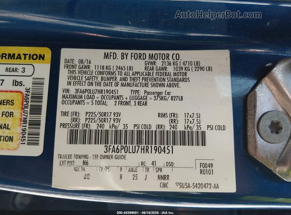 3FA6P0LU7HR190451 2017 FORD FUSION HYBRID Blue Շարժիչի բաժամունքի տեսք