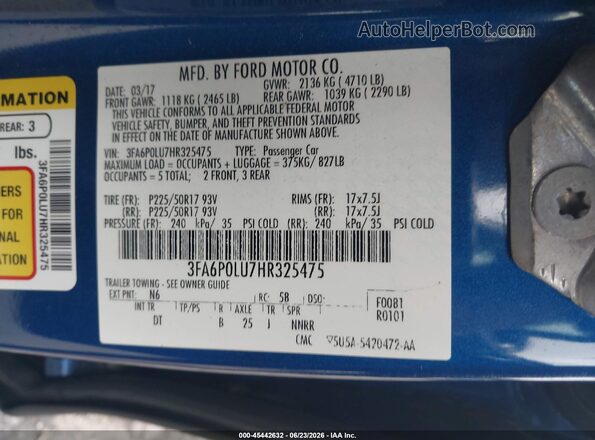 3FA6P0LU7HR325475 2017 FORD FUSION HYBRID Blue ძრავის განყოფილების ხედი