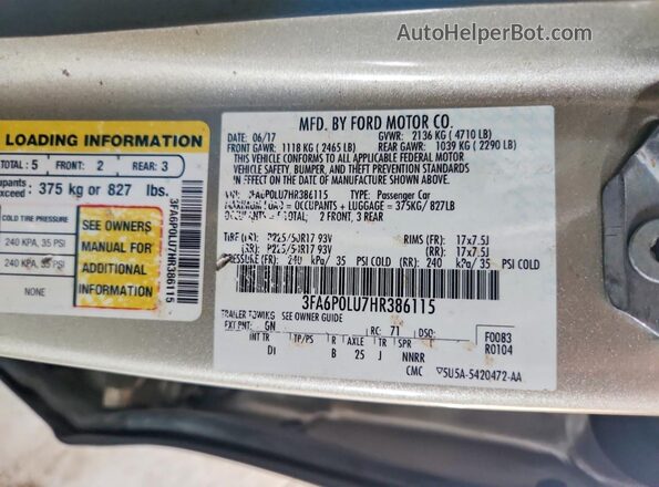 3FA6P0LU7HR386115 2017 FORD FUSION Gold 