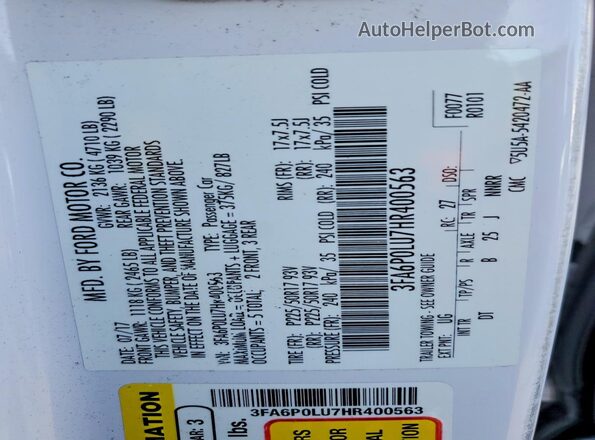 3FA6P0LU7HR400563 2017 FORD FUSION White ძრავის განყოფილების ხედი