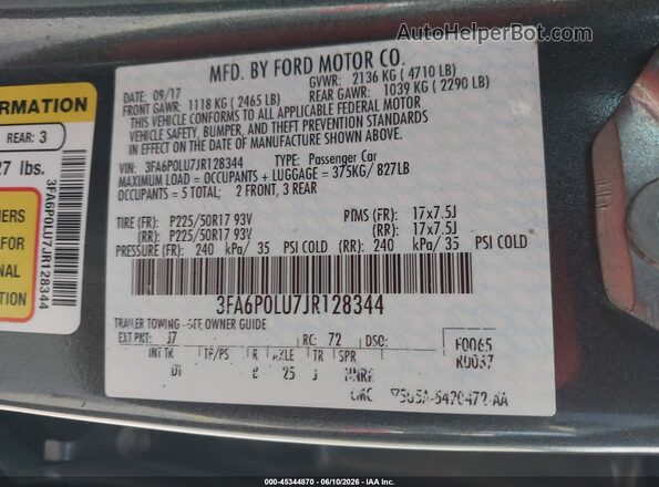 3FA6P0LU7JR128344 2018 FORD FUSION HYBRID Gray Engine compartment view