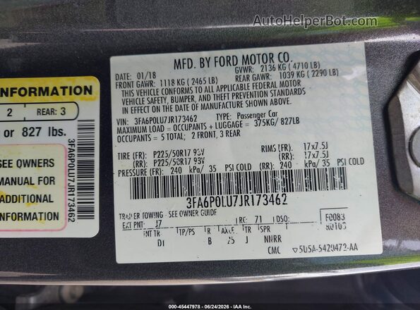 3FA6P0LU7JR173462 2018 FORD FUSION HYBRID Gray ძრავის განყოფილების ხედი