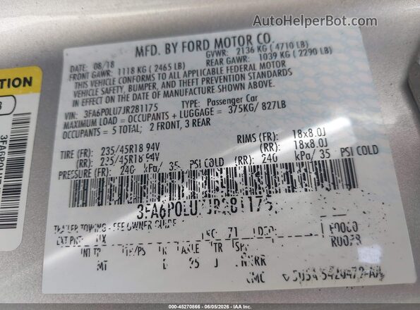 3FA6P0LU7JR281175 2018 FORD FUSION HYBRID Silver Շարժիչի բաժամունքի տեսք
