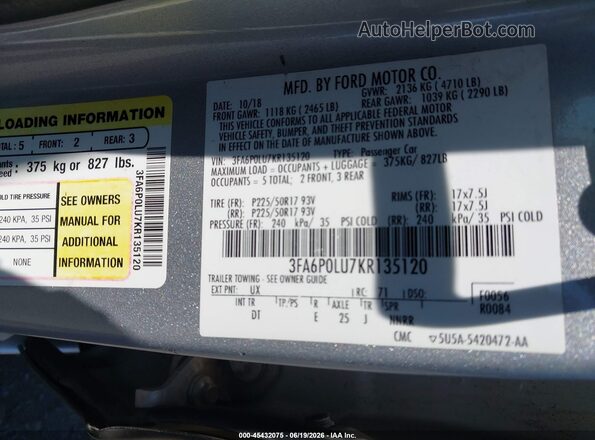 3FA6P0LU7KR135120 2019 FORD FUSION HYBRID Silver Vista del compartimento del motor