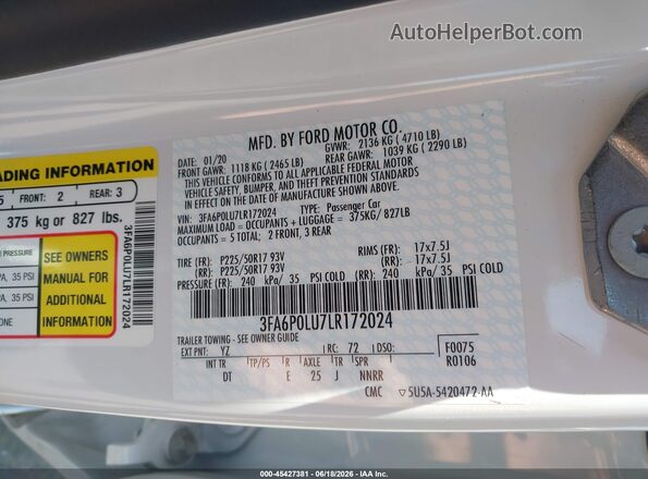 3FA6P0LU7LR172024 2020 FORD FUSION White ძრავის განყოფილების ხედი