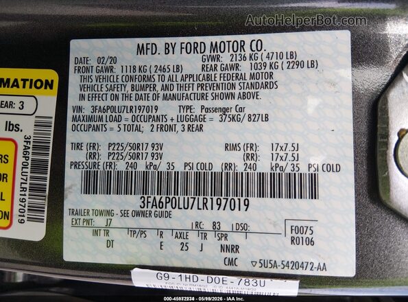 3FA6P0LU7LR197019 2020 FORD FUSION Gray 