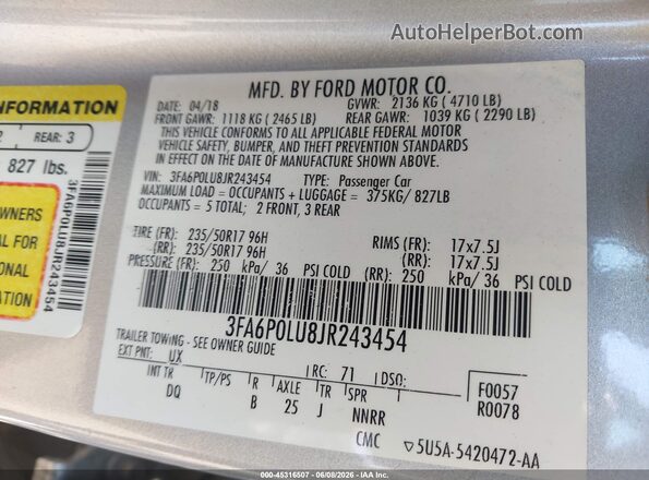 3FA6P0LU8JR243454 2018 FORD FUSION HYBRID Gray Engine compartment view