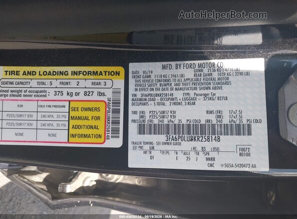 3FA6P0LU8KR258148 2019 FORD FUSION HYBRID Black Շարժիչի բաժամունքի տեսք