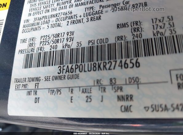 3FA6P0LU8KR274656 2019 FORD FUSION HYBRID Blue 