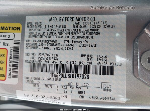 3FA6P0LU8LR197028 2020 FORD FUSION Silver Vista del compartimento del motor