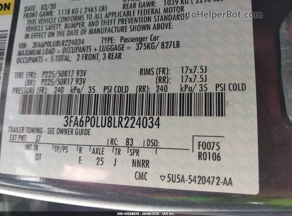 3FA6P0LU8LR224034 2020 FORD FUSION Gray 