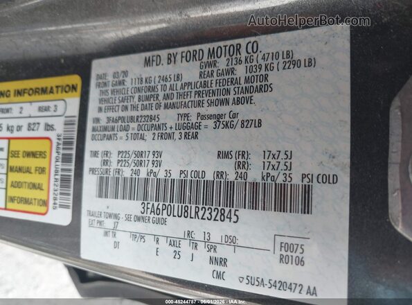 3FA6P0LU8LR232845 2020 FORD FUSION Gray Շարժիչի բաժամունքի տեսք