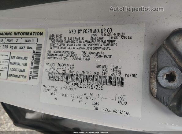 3FA6P0LU9JR107236 2018 FORD FUSION HYBRID White Вид підкапотного простору