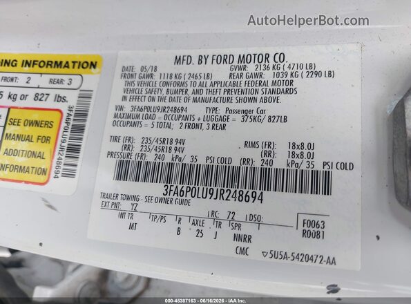 3FA6P0LU9JR248694 2018 FORD FUSION HYBRID Белый Вид подкапотного пространства