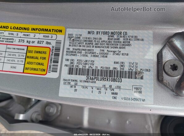 3FA6P0LU9KR108033 2019 FORD FUSION HYBRID Silver Engine compartment view