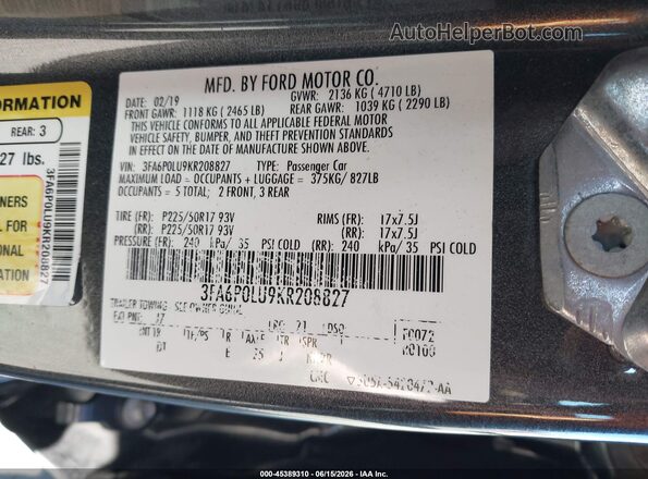 3FA6P0LU9KR208827 2019 FORD FUSION HYBRID Серый Вид подкапотного пространства