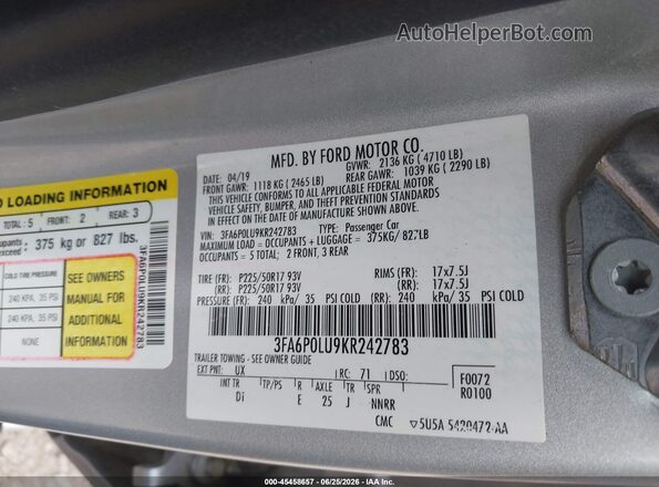 3FA6P0LU9KR242783 2019 FORD FUSION HYBRID Silver Engine compartment view