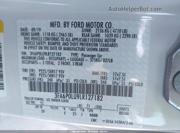 3FA6P0LU9LR127182 2020 FORD FUSION White 