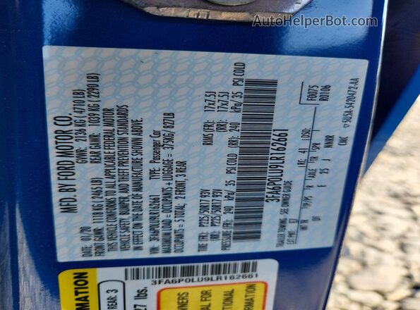 3FA6P0LU9LR162661 2020 FORD FUSION Blue Vista de la etiqueta del VIN