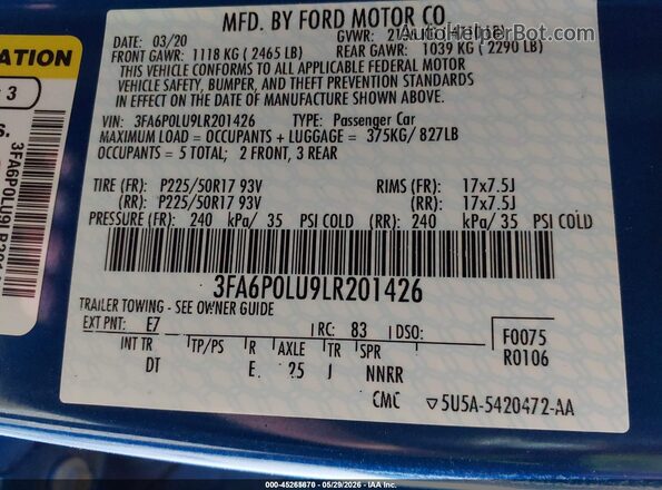 3FA6P0LU9LR201426 2020 FORD FUSION Blue Vista del compartimento del motor