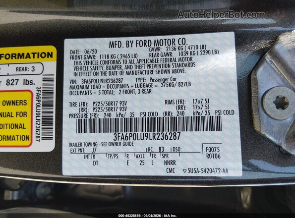 3FA6P0LU9LR236287 2020 FORD FUSION Серый Вид подкапотного пространства