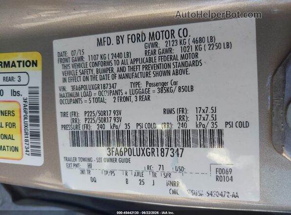 3FA6P0LUXGR187347 2016 FORD FUSION HYBRID Beige Vista del compartimento del motor