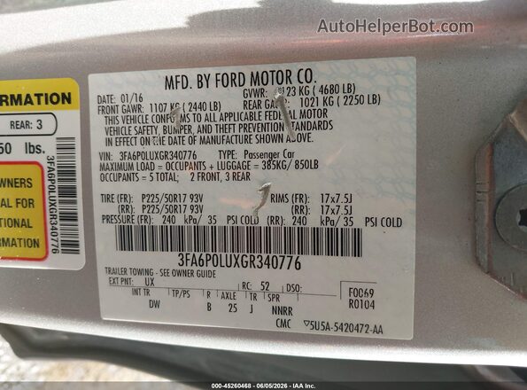 3FA6P0LUXGR340776 2016 FORD FUSION HYBRID Серебряный Вид подкапотного пространства