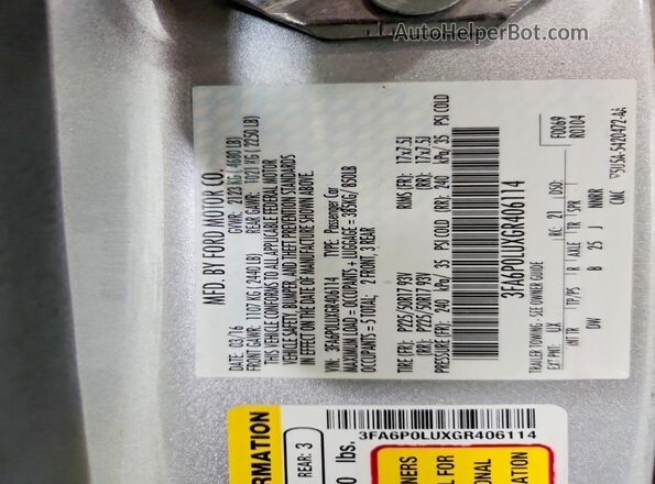 3FA6P0LUXGR406114 2016 FORD FUSION Серебряный Вид подкапотного пространства