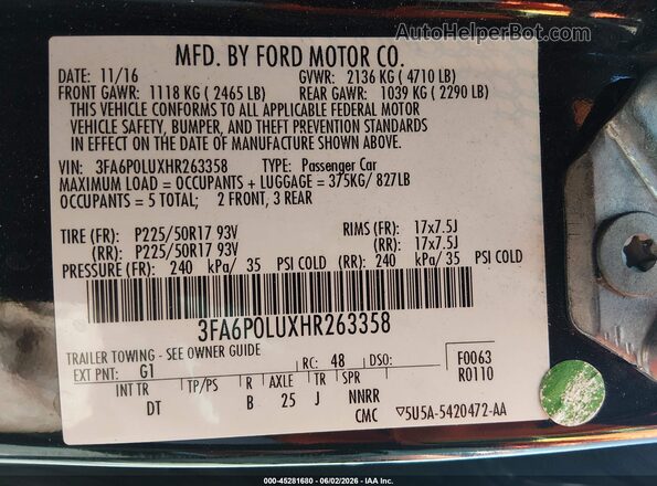 3FA6P0LUXHR263358 2017 FORD FUSION HYBRID Черный Вид подкапотного пространства