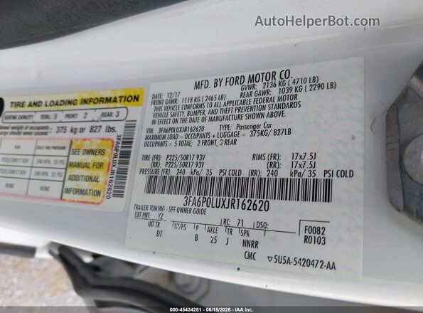 3FA6P0LUXJR162620 2018 FORD FUSION HYBRID White Widok komory silnika