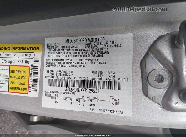 3FA6P0LUXKR129554 2019 FORD FUSION HYBRID Silver Вид підкапотного простору