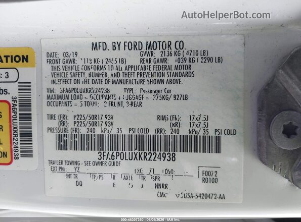 3FA6P0LUXKR224938 2019 FORD FUSION HYBRID White Շարժիչի բաժամունքի տեսք